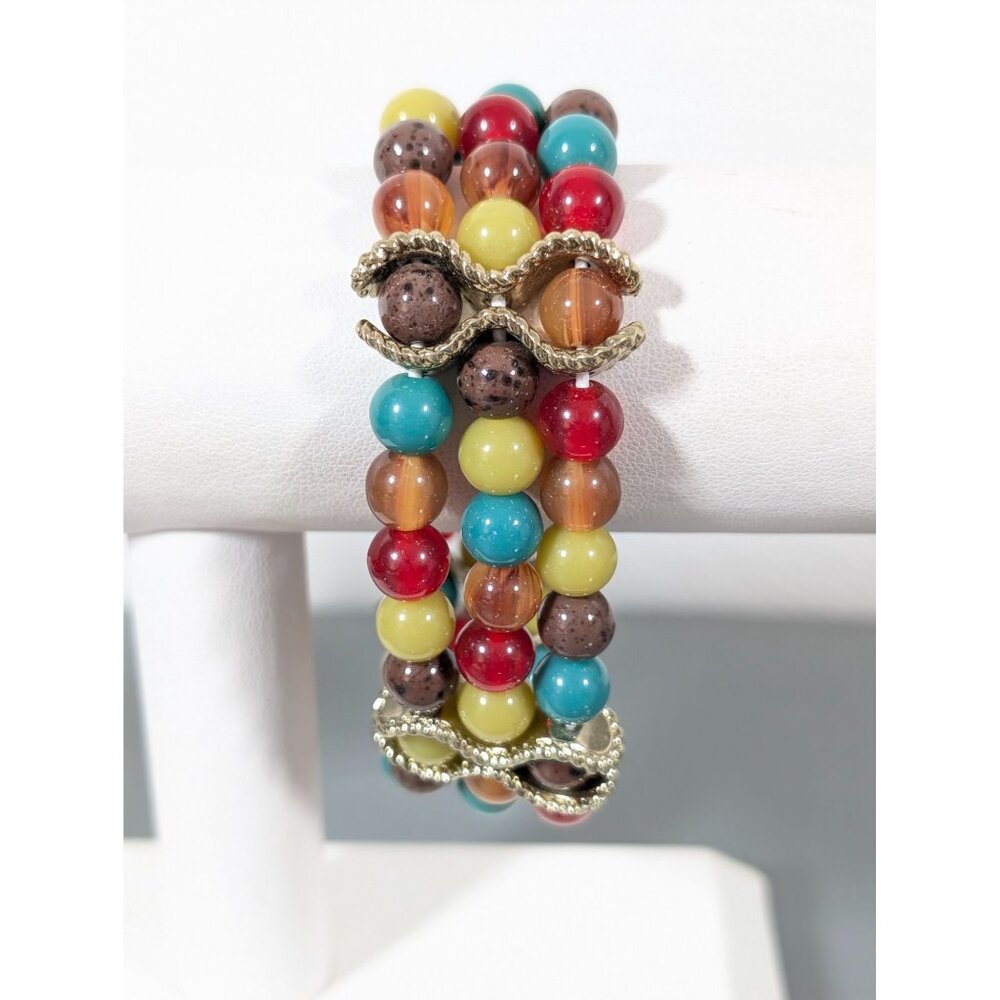 Boho Tribal Red Green Bead Three Row‎ Stretch Bracelet 7"